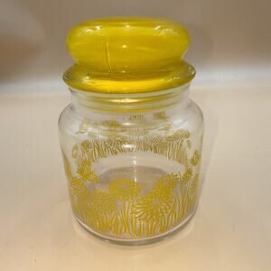 Vintage Glass Canister Jar Yellow Floral Design With Sealing Lid